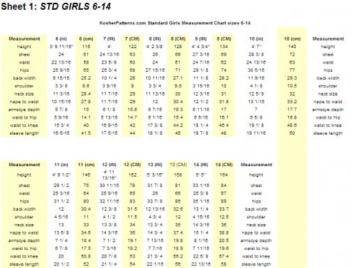 KosherPatterns Std Girls 6-14 Size Chart