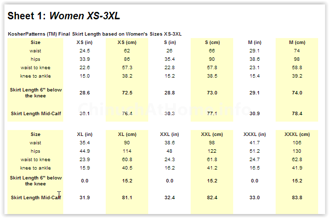 Womens Skirt Size Chart