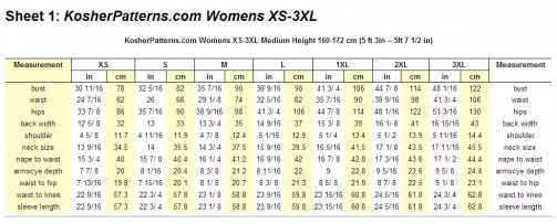 KosherPatterns Womens XS-3XL Chart